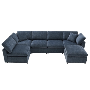 130" x 65" Modern Modular Cloud Sofa Bed with Ottoman, 6-Seat, Convertible U Shaped Sofa for Living Room, Apartment, Dark Blue