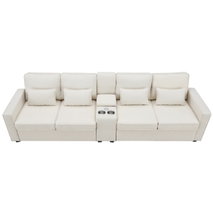 114.5" Modern Linen Fabric Upholstered Sofa with Console, 2 Cupholders, USB Ports, 4 Pillows, 4-Seat, 114.5″ L x 33″ W x 35″ H, Beige