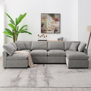 130" x 65" Modern Modular Cloud Sofa Bed with Ottoman, 6-Seat, Convertible U Shaped Sofa for Living Room, Apartment, Gray