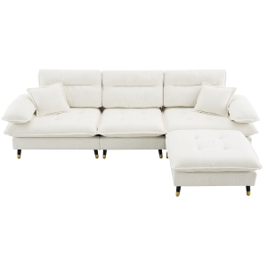 106" L-Shaped Convertible Tufted Sectional Sofa with 4-Seat, Adjustable Legs, Movable Ottoman for Living Room, 106″ L x 66.5″ W x 34″ H, White