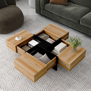 Vinsetto Unique Design Coffee Table with 4 Hidden Storage Compartments, Extendable Sliding Tabletop, UV High-Gloss Finish, 31.5"x31.5", Brown