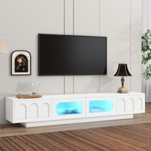 Vinsetto TV Stand with Fluted Tempered Glass Doors for TVs Up to 95", Media Console with APP-Controlled LED Light, 87" L x 16" W x 16" H, White