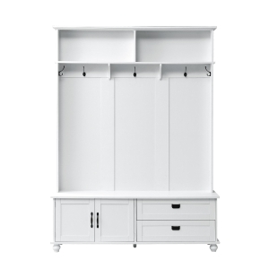 Modern Hall Tree with Storage Cabinet and 2 Large Drawers, Wide Mudroom Bench with 5 Coat Hooks, 59" L x 16" W x 80.5" H, White