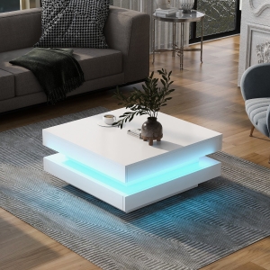 Vinsetto High Gloss Minimalist Coffee Table with LED Lights, 2-Tier Square Center Table for Living Room, 31.5" L x 31.5" W x 14" H, White