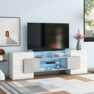 Vinsetto Unique Shape TV Stand for TVs Up to 88" with 2 Illuminated Glass Shelves, High Gloss Entertainment Center, LED Color Changing Lights, Grey