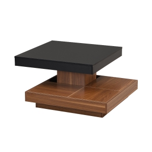 Square 360° Rotating Wood Coffee Table with 3 Detachable Trays, Storage Table for Living Room, 27.5" L x 27.5" W x 14" H, Black+Dark Walnut