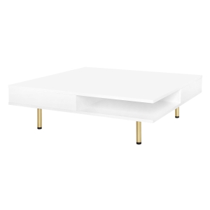 Exquisite High Gloss Coffee Table with 4 Golden Legs, 2 Small Drawers, and 2-Tier Square Design for Living Room, 33.5", White