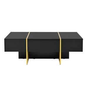 Minimalist High Gloss Coffee Table with 2 Drawers, Storage Rectangle Sofa Table, with Golden Wood Legs, 47" L x 31.5" W x 15.5" H, Black