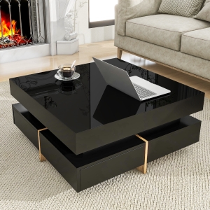 Vinsetto Modern High Gloss Coffee Table with 4 Drawers, Multi-Storage Square Cocktail Tea Table with Wood Grain Legs, 31.5''x31.5'', Black