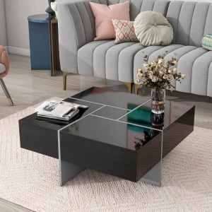 Vinsetto Coffee Table with 4 Hidden Storage Compartments, Extendable Sliding Tabletop, UV High-Gloss Design, 31.5"x31.5", Black