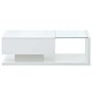 Modern Coffee Table with Tempered Glass, Wooden Cocktail Table with High-Gloss UV Surface, 2-Tier Rectangle Center Table for Living Room, White