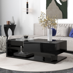 Vinsetto Modern Coffee Table with Tempered Glass, Wooden Cocktail Table with High-Gloss UV Surface, 2-Tier Rectangle Center Table for Living Room, Black