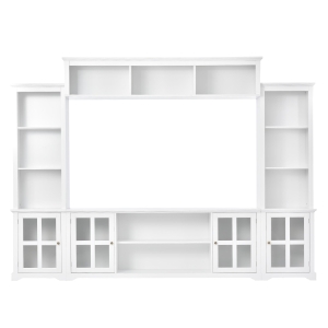 Modern Multifunctional TV Stand for TVs Up to 70" with Glass Door and Bridge, Minimalism Entertainment Wall Unit, 104" L x 15" W x 78.5" H, White