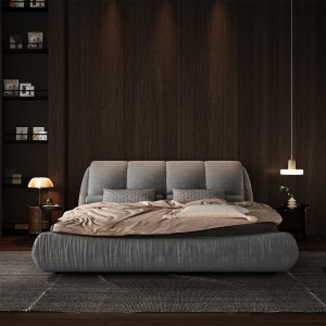 Queen Size Upholstered Bed with Oversized Padded Backrest, Solid Wood Frame, Adjustable Mattress Heights, 96.5" L x 70" W x 43.5" H, Grey