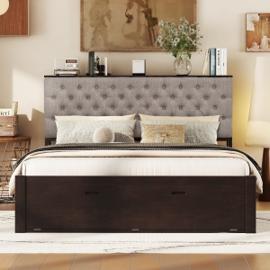 Vinsetto Wood Queen Size Platform Bed with Storage Headboard, Shoe Rack, and 4 Drawers, 90.5" L x 63" W x 43" H, Espresso