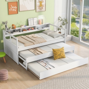 Twin XL Wood Daybed with 2 Trundles, 3 Storage Cubbies, USB Charging Design, and Free Light, 82" L x 129.5" W x 35.5" H, White