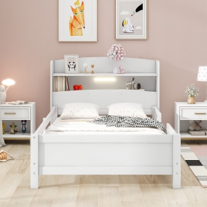 Wood Twin Size Platform Bed with Built-in LED Light, Storage Headboard, Guardrail, and Sturdy Construction, 87" L x 43" W x 31" H, White