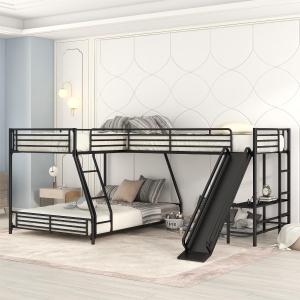 L-Shaped Twin over Full Bunk Bed with Twin Loft, Built-in Desk, Slide, Metal Frame, 117.5" L x 77.5" W x 53" H, Black