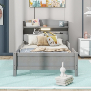 Wood Twin Size Platform Bed with Built-in LED Light, Storage Headboard, Guardrail, and Sturdy Construction, 87" L x 43" W x 31" H, Antique Gray