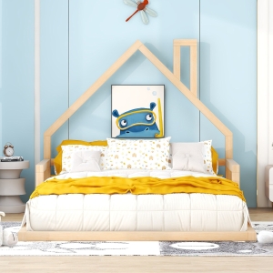 Full Size Wood Floor Bed with House-Shaped Headboard, Sturdy Pine Wood Construction, Easy Assembly, 78" L x 56.5" W x 46.5" H, Natural