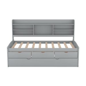 Classic Style Twin Size Wooden Captain Bed with Built-in Bookshelves, 3 Storage Drawers, and Trundle, 77.5" L x 88" W x 47" H, Gray