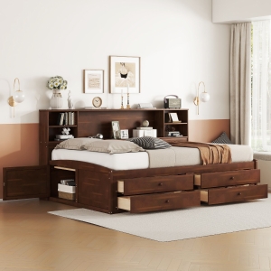 Vinsetto Full Size Wooden Captain Bed with Storage Shelves, 4 Drawers, 2 Cabinets, and Bookcase Headboard, 79" L x 63" W x 48" H, Antique brown