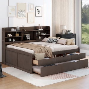 Vinsetto Classic Style Full Size Wooden Captain Bed with Built-in Bookshelves, 3 Storage Drawers, Trundle, 79" L x 104.5" W x 47" H, Antique Gray