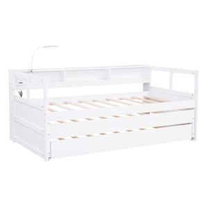 Twin XL Wood Daybed with 2 Trundles, 3 Storage Cubbies, USB Charging Design, and Free Light, 82" L x 129.5" W x 35.5" H, White