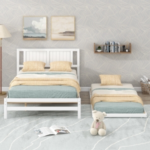 Full Size Platform Bed with Adjustable Trundle, Solid Pine Wood and MDF, 78" L x 97.5" W x 39.5" H, White