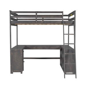 Full Size Loft Bed with U-shaped Desk, Drawers, Storage Shelves, and Sturdy Wood Frame, 77.5" L x 70" W x 75.5" H, Antique Brown