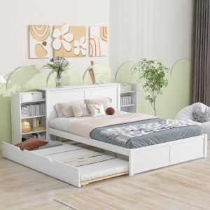 Vinsetto Queen Size Storage Platform Bed with Pull Out Shelves and Twin XL Trundle, Solid Wood and MDF, 111.5" L x 93.5" W x 39.5" H, White