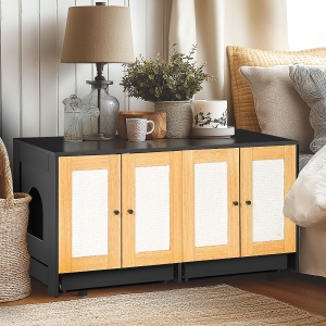 Double Litter Box Enclosure for 2 Cats with Rattan Doors and Sisal Scratch Panel, Hidden Cat Furniture, 47" L x 20" W x 23.5" H, Light Oak