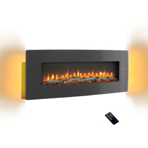 48" Remote Curved Wall Mounted Electric Fireplace with Multi-Color Flame, Ember Bed, and Adjustable Backlight, Antique Black