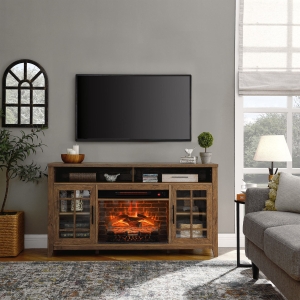 55" TV Media Stand with Remote Control Electric Fireplace, Adjustable Shelves, and Cable Management, Reclaimed Barnwood