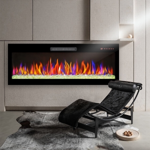 60" Recessed Ultra-Thin Wall Mounted Electric Fireplace with Remote, Multi-Color Flame, Ember Bed, and LED Light Heater, Antique Black