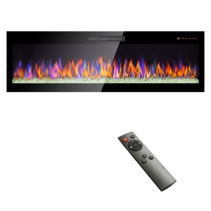 60" Recessed Ultra-Thin Wall Mounted Electric Fireplace with Remote, Multi-Color Flame, Ember Bed, and LED Light Heater, Antique Black