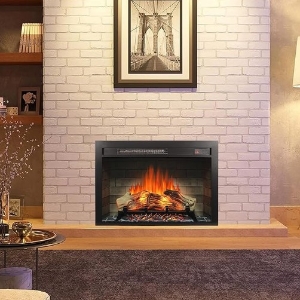 28" Electric Fireplace Insert with Multicolored Flames, Adjustable Brightness, and Remote Control, Antique Black