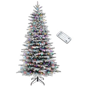 HOMCOM 6.5ft Snow Flocked Artificial Christmas Tree, Pre-Lit Christmas Tree with 400 LED Lights and 990 Branch Tips, Green