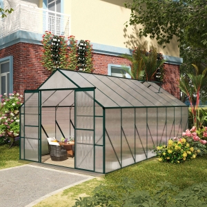 Outsunny 16' x 8' Aluminum Polycarbonate Greenhouse Walk-in Garden Greenhouse Kit with Adjustable Roof Vent, Rain Gutter and Sliding Door for Winter, Green