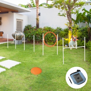 PawHut 5 Pieces Dog Agility Training Equipment with Disc, Whistle, Weaves Poles, Adjustable Jumping Poles, Food Bag, Carry Bag