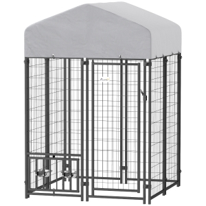 PawHut Welded Wire Outdoor Dog Kennel with 360° Rotating & 4 Levels Adjustable Bowls, Waterproof Cover, 3.9' x 3.9' x 6'