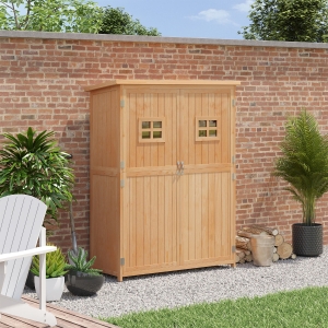 Outsunny 4x1.5ft Wooden Garden Storage Shed, Outdoor Tool Cabinet Organizer with Windows and Double Door, Nature Wood