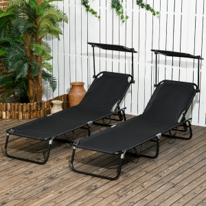 Outsunny 2 Piece Folding Outdoor Chaise Lounges, Pool, Sun, Tanning Chairs with Reclining Back, Sunshade for Beach, Patio, Black