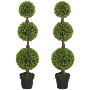 HOMCOM Set of 2 Artificial Ball Boxwood Topiary Trees, Fake Plants in Pots for Indoor Outdoor Living Room, Green