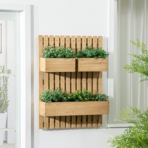 Outsunny 3 Box Raised Garden Bed with Trellis, Wall-Mounted Wood Planter Box Set with Drainage Hole for Flowers, Climbing Plants