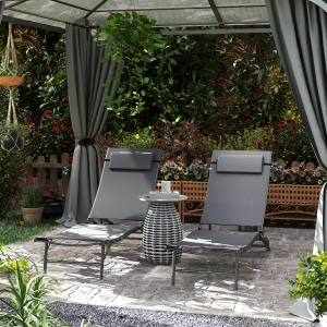 Outsunny Folding Outdoor Chaise Lounge Chair Set of 2 with Adjustable Backrest, Headrest, Mesh Seat for Beach, Poolside, Grey