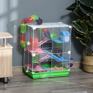 PawHut 5 Tiers Hamster Cage Portable with Exercise Wheels Play Tube Water Bottle Dishes House Ladder for Gerbils, Green