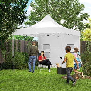 Outsunny 10' x 10' Heavy Duty Pop Up Canopy Tent w/ Sidewall, UPF50+ Instant Sun Shelter w/ Storage Pockets, Wheeled Bag, White