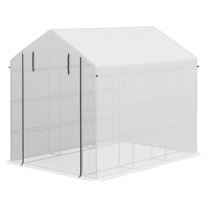 Outsunny Outdoor Walk-in Greenhouse with Roll-up Zipper Door, 18 Shelves, PE Cover, 95.25" x 70.75" x 82.75", White