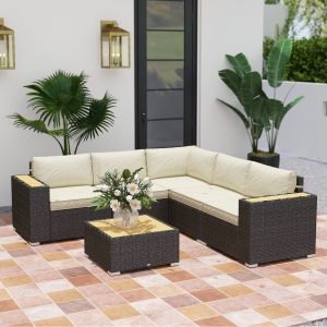 Outsunny 6 Pieces Outdoor Rattan Patio Furniture Set with Corner Sofa, Wood-Plastic Coffee Table, Light Khaki